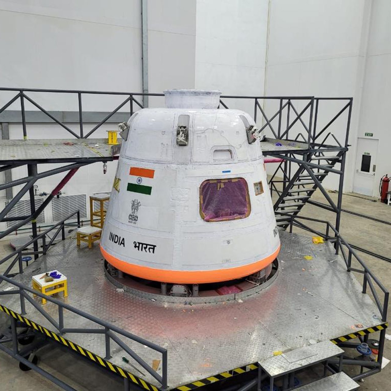 The Gaganyaan crew module marked INDIA with the national flag