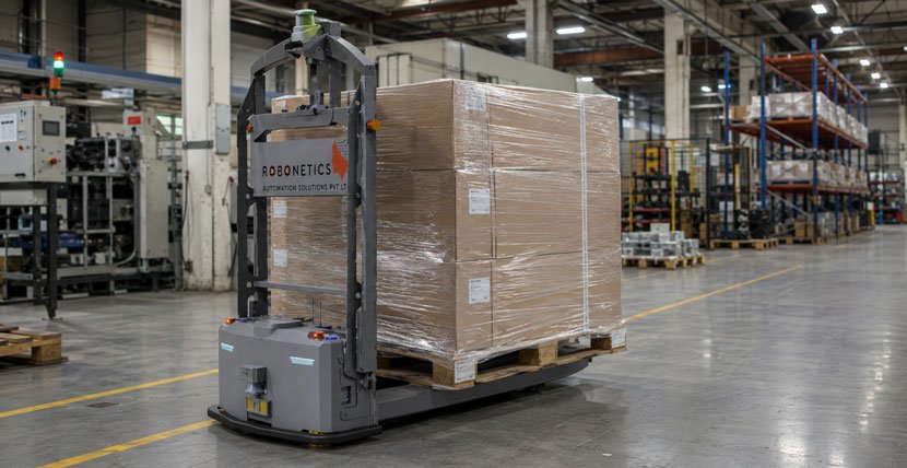 Robonetics AIRA bidirectional autonomous forklift carrying a wrapped pallet