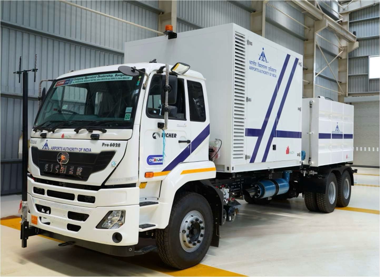 Anlon Cleanjet runway rubber removal machine on an Eicher Pro 6028 chassis in Airports Authority of India livery