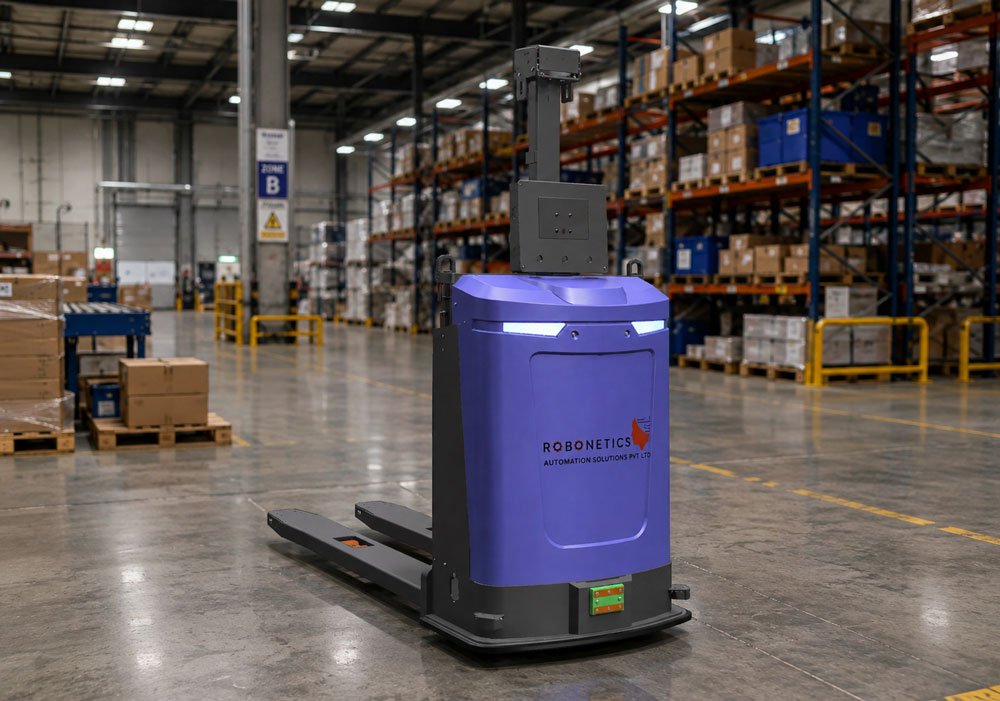 Robonetics AIRA autonomous pallet stacker in a warehouse