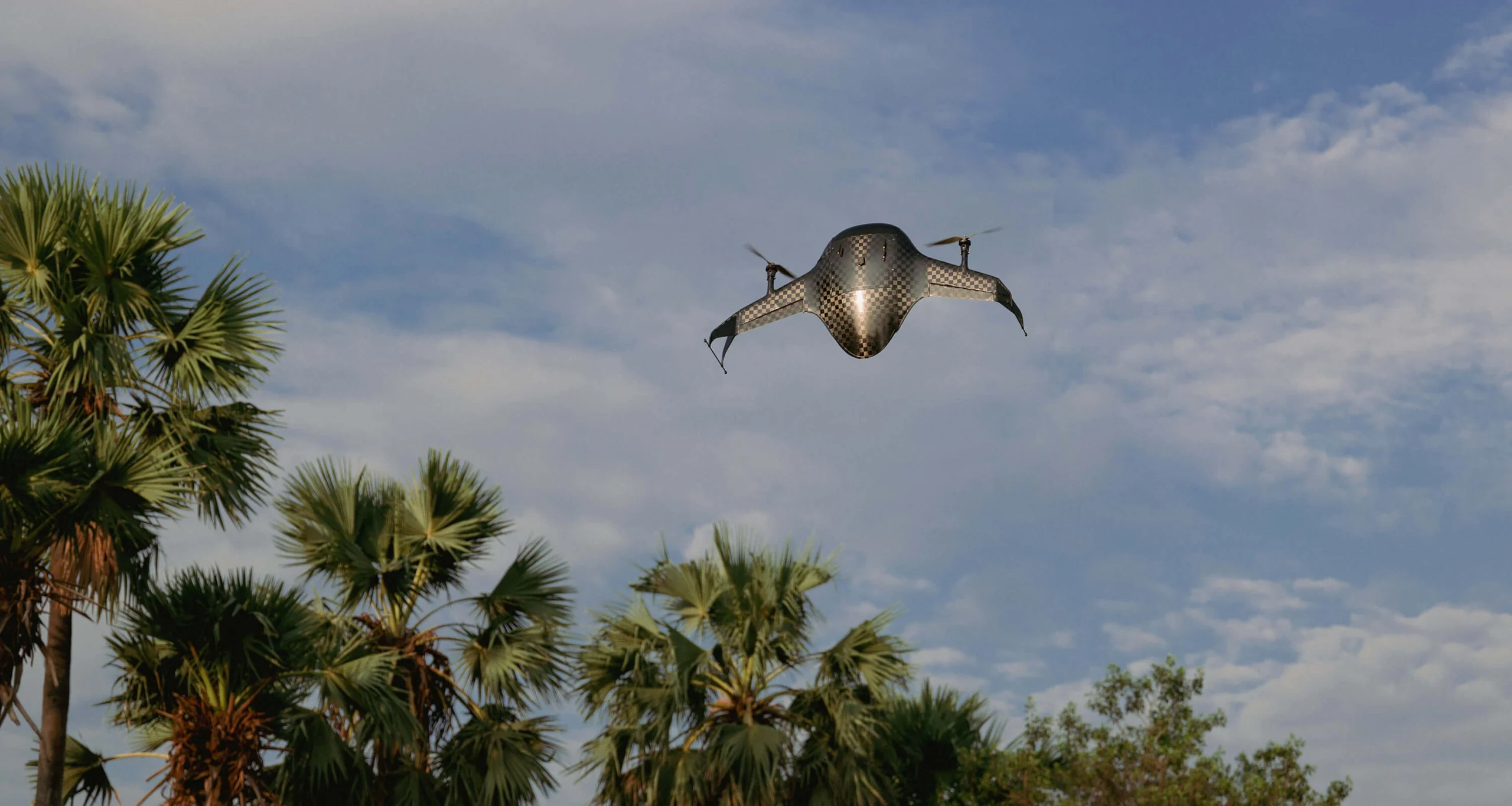 Airbound TRT carbon-fibre tailsitter drone in flight over Guntur, Andhra Pradesh