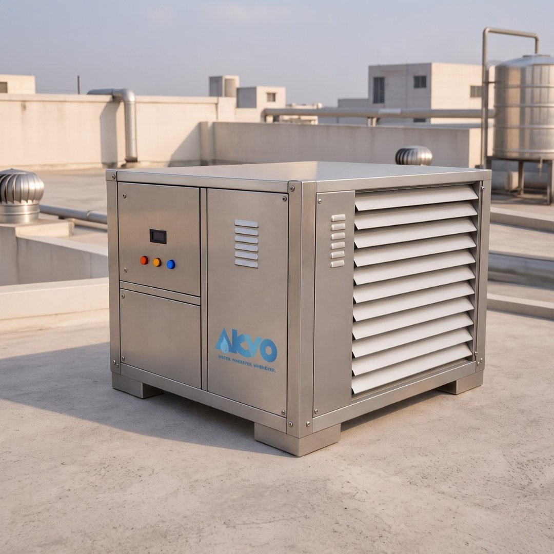 An Akvo atmospheric water generator installed on a rooftop