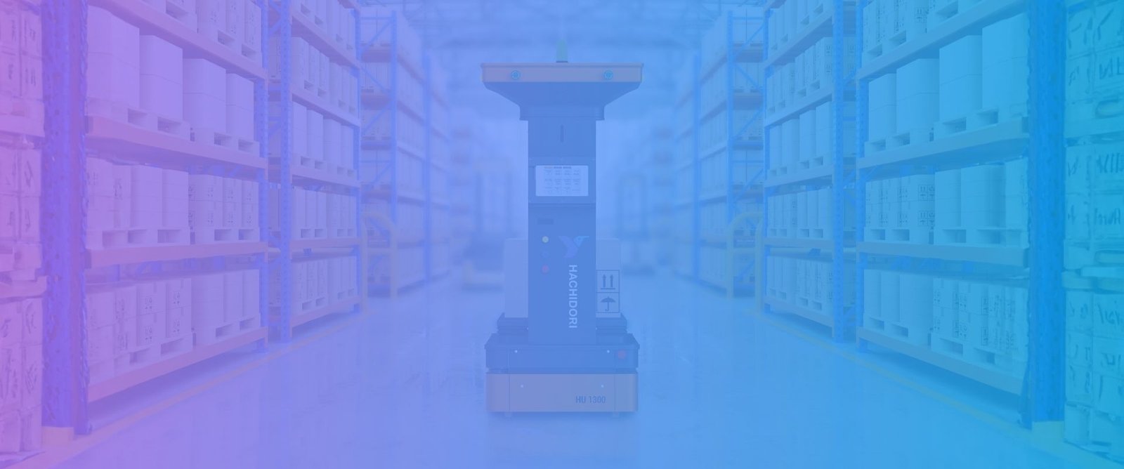 Hachidori Robotics HU 1300 autonomous mobile robot in a warehouse aisle