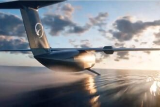 Aspera Industries Eureka autonomous amphibious cargo aircraft skimming the water on its hydrofoils