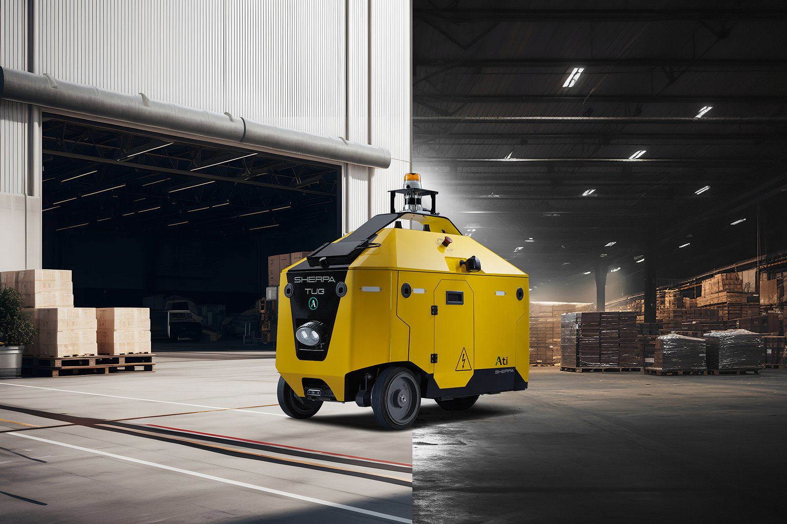 Ati Robotics Sherpa Tug moving between indoor and outdoor factory areas
