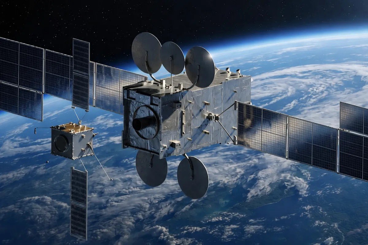 Aule Space's jetpack servicer satellite approaching a geostationary communications satellite