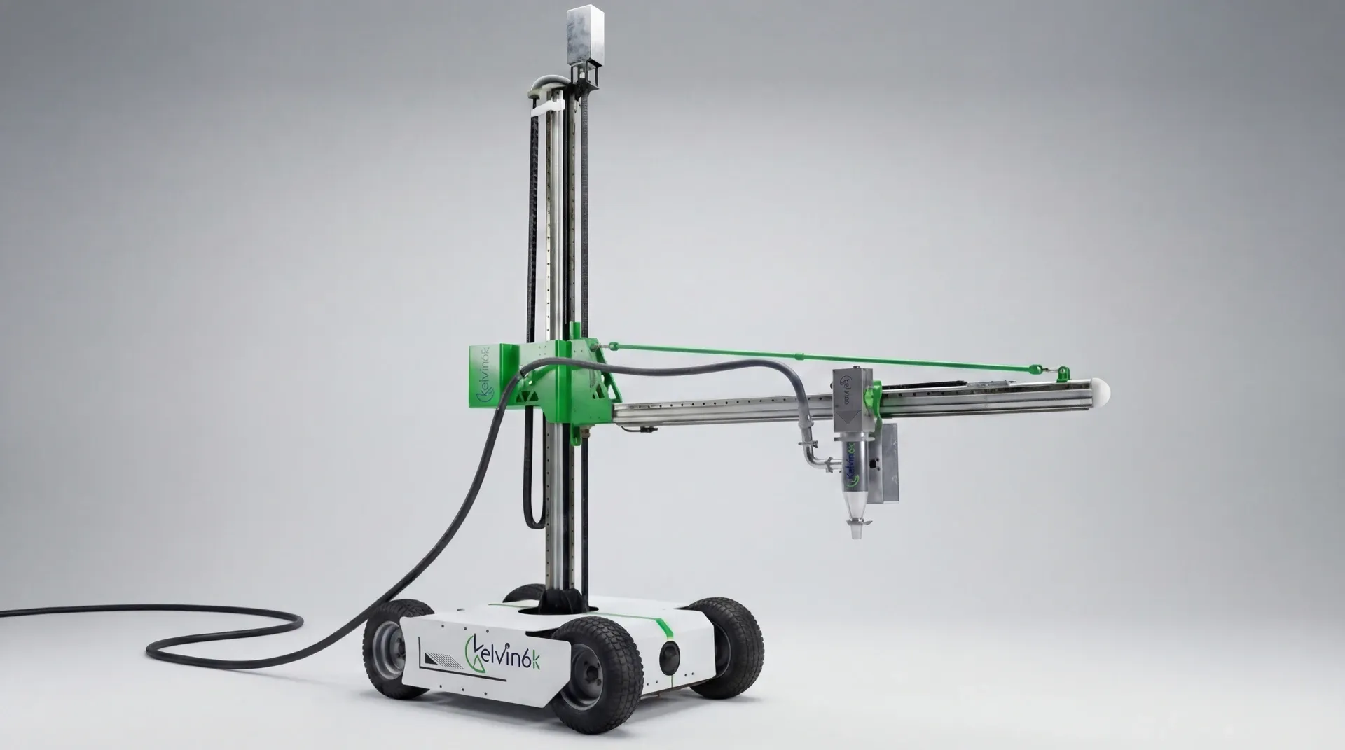 Close-up of Kelvin6k's ATOM portable construction 3D printer with company branding