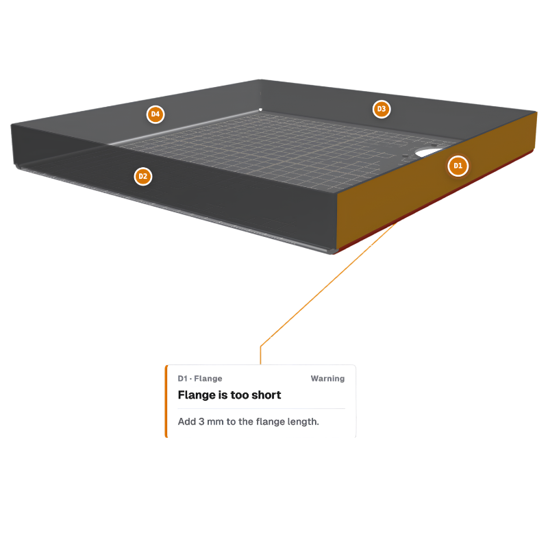 Screenshot of xLogic's platform showing an instant design-for-manufacturing warning on a flange