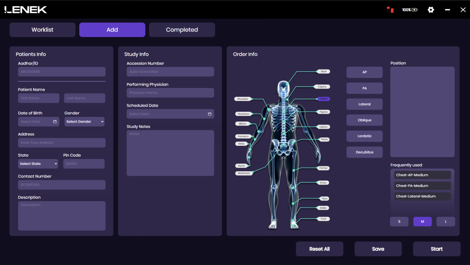 Alt text: Lenek LeXIS X-ray software worklist interface