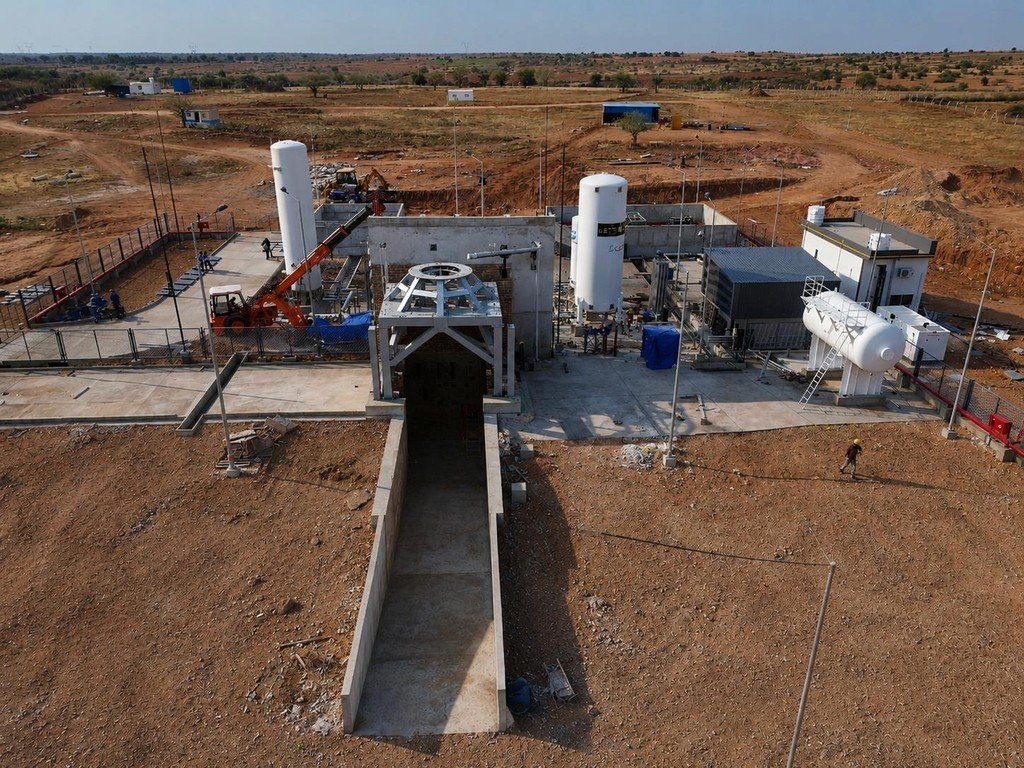 Alt text: Aerial view of Astrobase's rocket engine test facility under construction near Anantapur