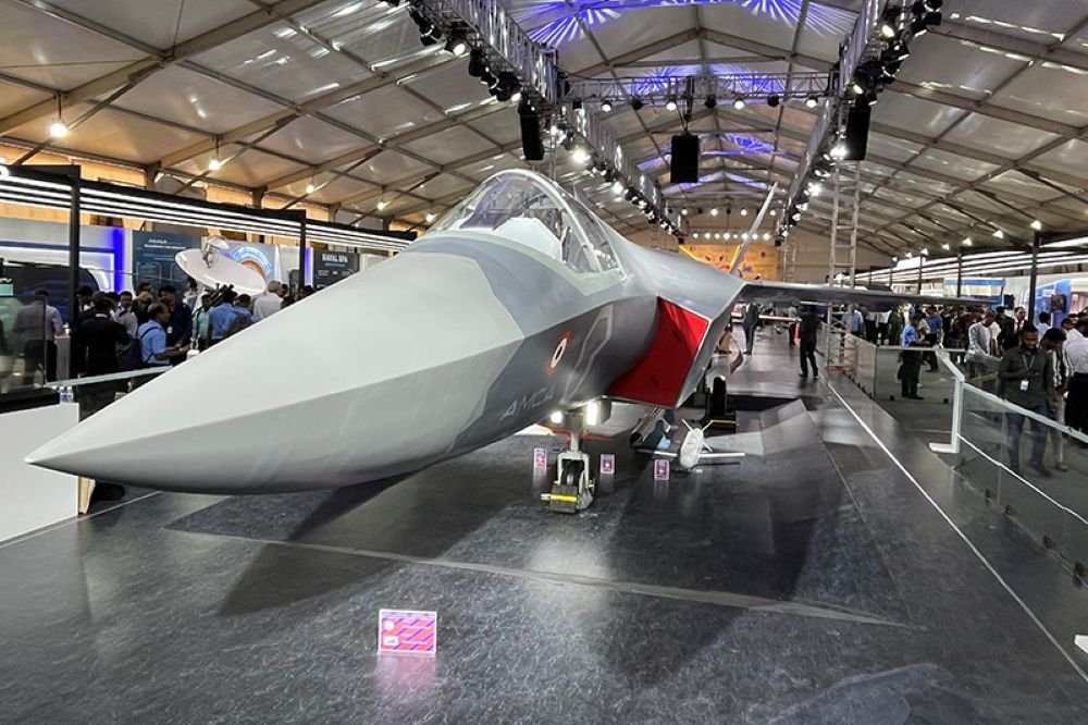 Alt text: Front view of India's AMCA fifth-generation fighter mockup at an airshow