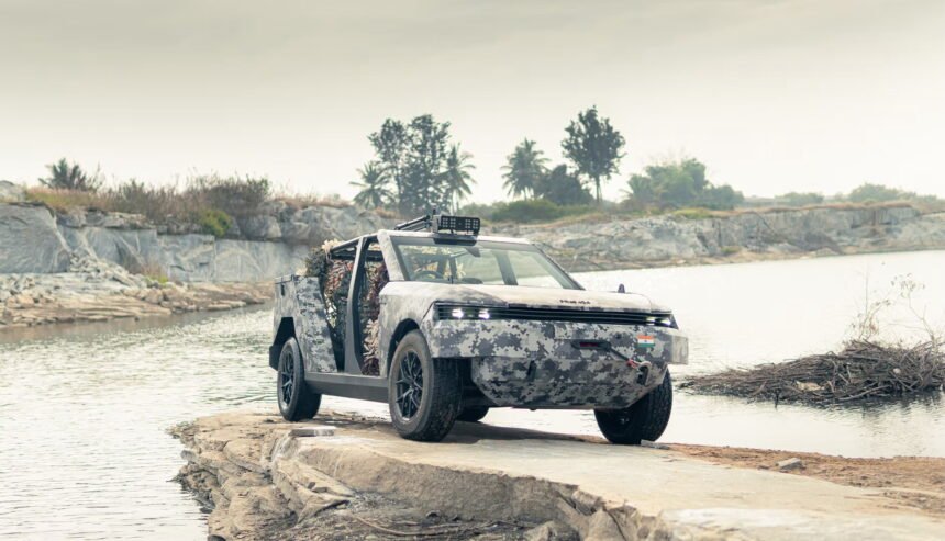 Pravaig VEER electric tactical all-terrain vehicle in a desert setting