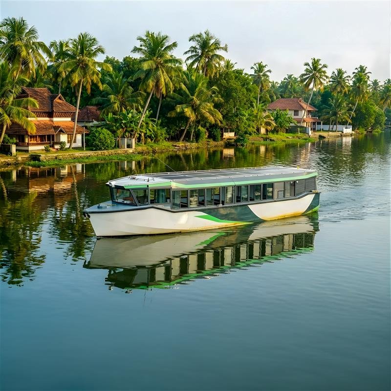 Navalt Barracuda solar-electric boat underway on Kerala backwaters