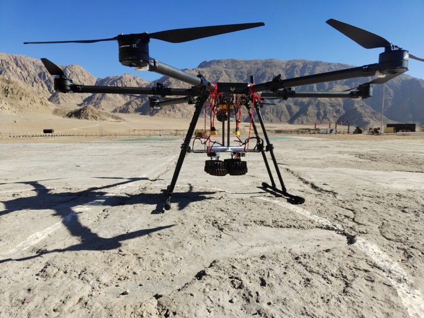 Bajrang UAV PX4P2300 heavy-lift cargo drone at Shinkula Top, Ladakh (~16,400 ft)