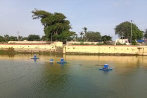 Bariflo's floating aeration units deployed on a pond.