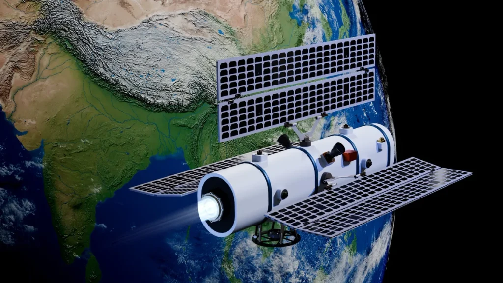 Concept render of a Bellatrix Aerospace orbital transfer vehicle firing its thruster above India