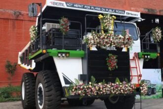 BEML BH60-EV electric dump truck at its unveiling in Mysuru