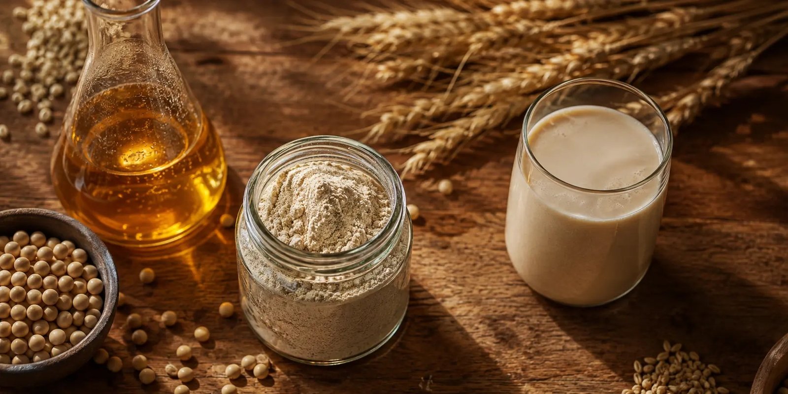Bioprot yeast protein powder with a fermentation flask and a protein beverage