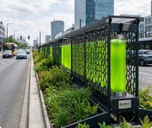 Carbelim microalgae photobioreactor installation on a city street