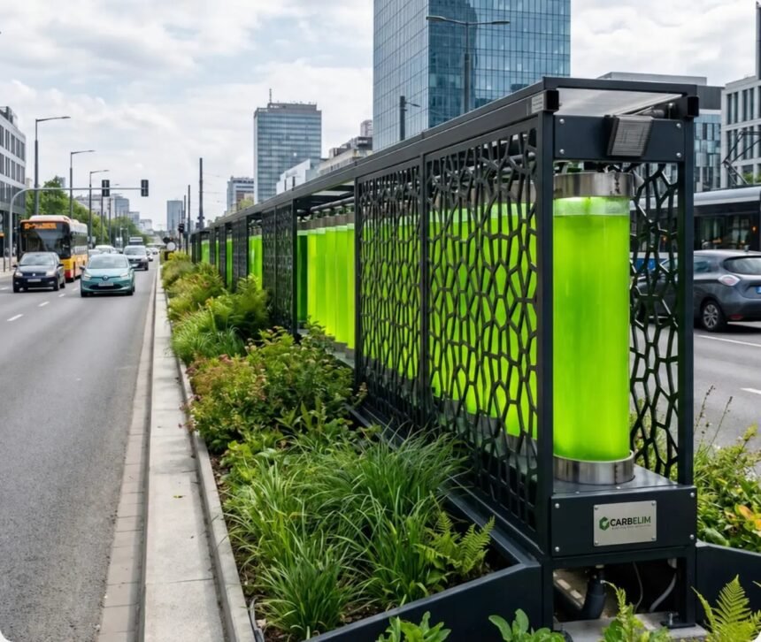 Carbelim microalgae photobioreactor installation on a city street