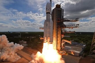 ISRO LVM3-M4 rocket carrying Chandrayaan-3 lifting off from Sriharikota