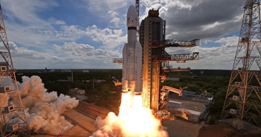 ISRO LVM3-M4 rocket carrying Chandrayaan-3 lifting off from Sriharikota