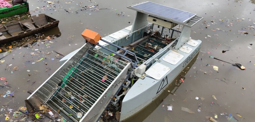 Clearbot Class 3 autonomous vessel collecting floating waste