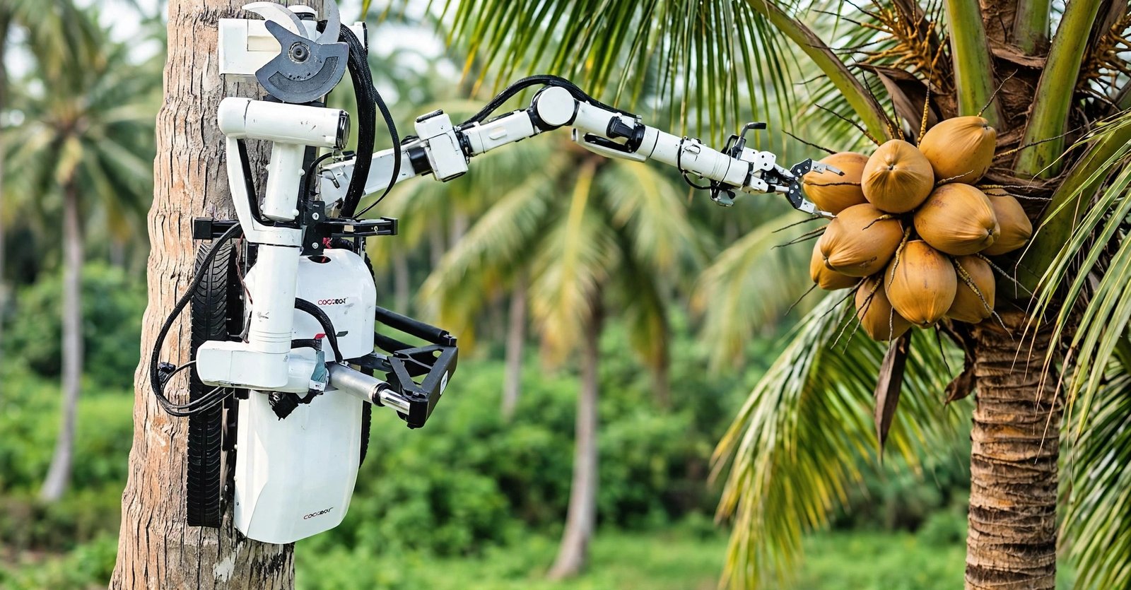 Altersage Innovations' Cocobot robot clamped to a coconut palm trunk, its robotic arm reaching toward ripe coconuts