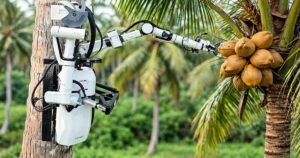 Altersage Innovations' Cocobot tree-climbing robot reaching for a coconut cluster on a palm