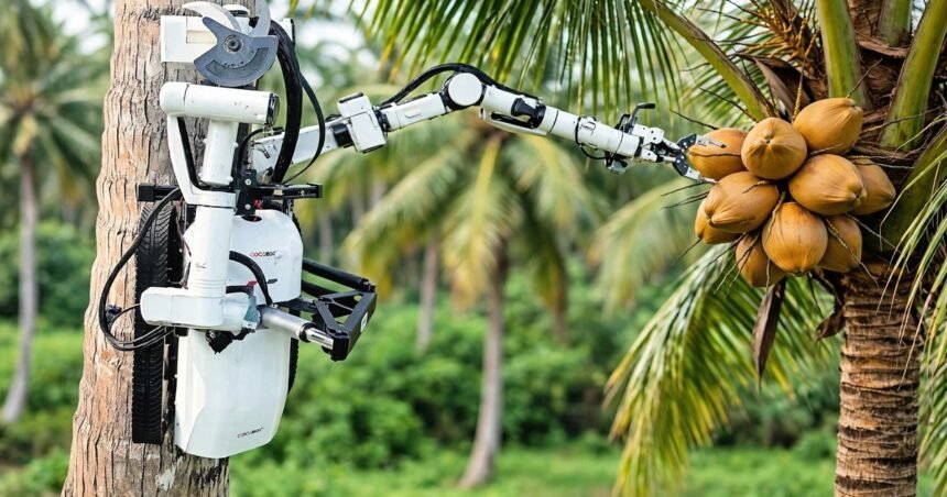 Altersage Innovations' Cocobot tree-climbing robot reaching for a coconut cluster on a palm