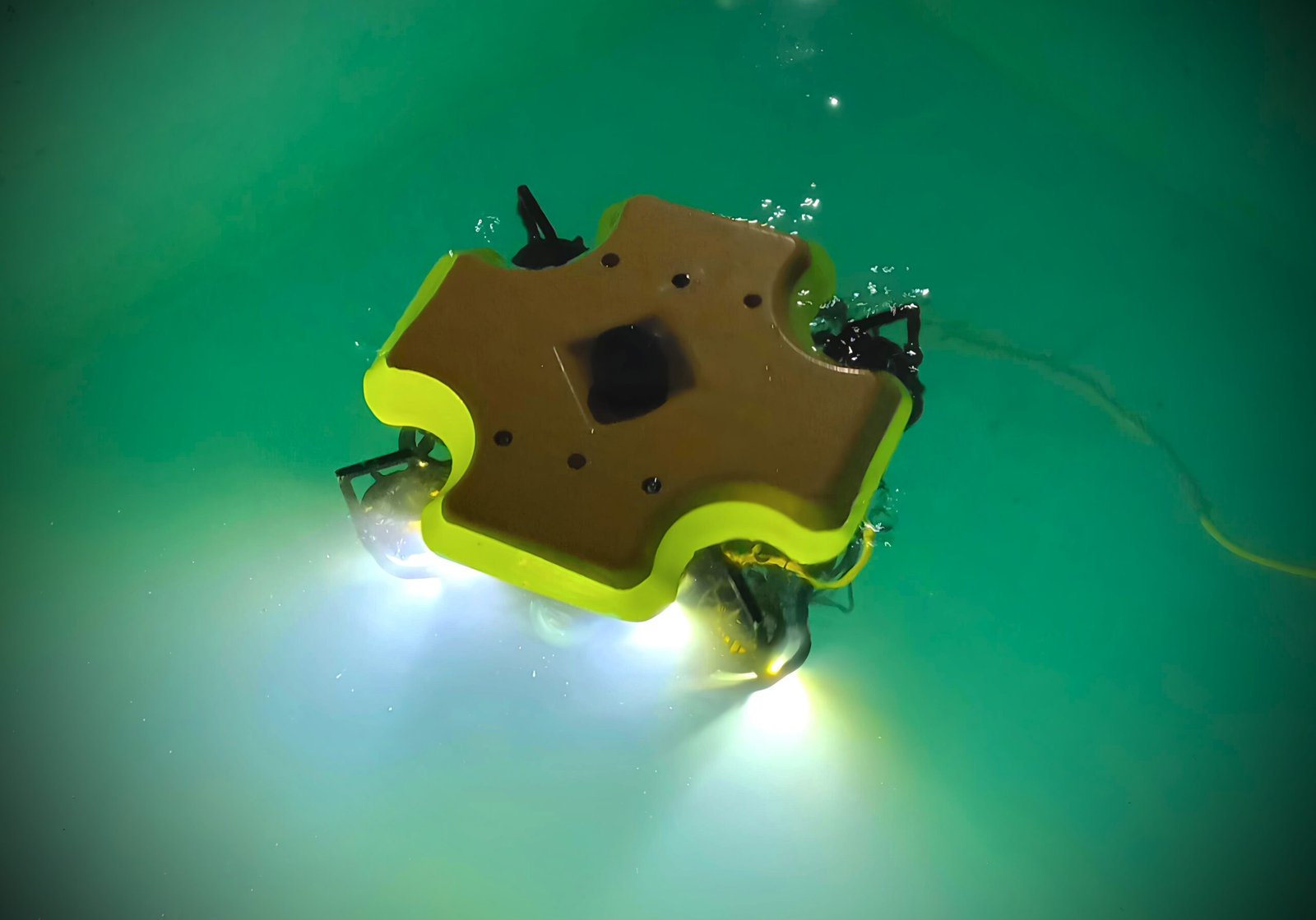 Jalasimha underwater with its lights on during an inspection dive
