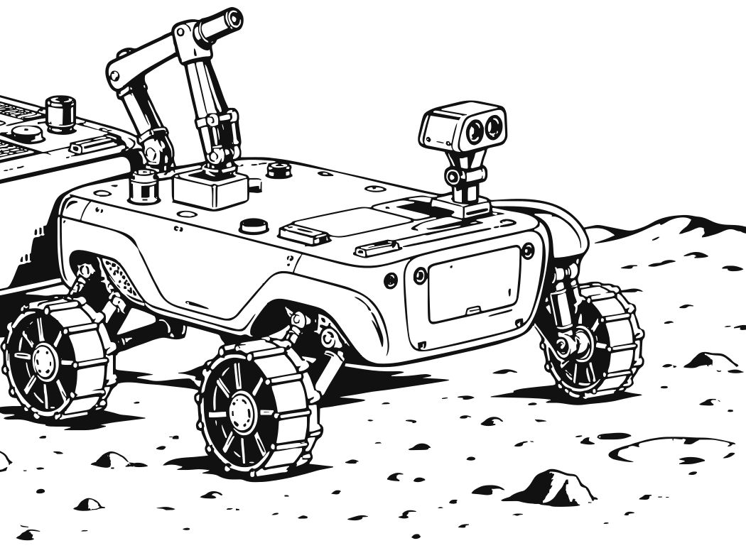 Close-up from Cosmochute's official render showing the EPOC lunar rover with its robotic arm and sensor mast