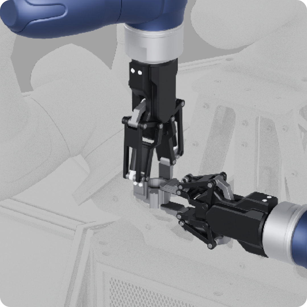 Close-up of CyRo's dual grippers reorienting a part mid-air, an official company render