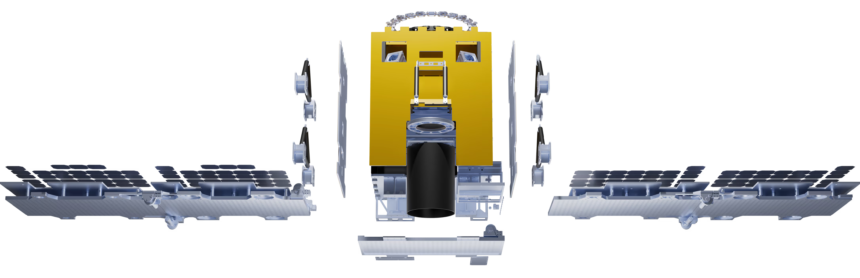 Render of GalaxEye's Mission Drishti satellite showing the solar array wings and gold payload bus
