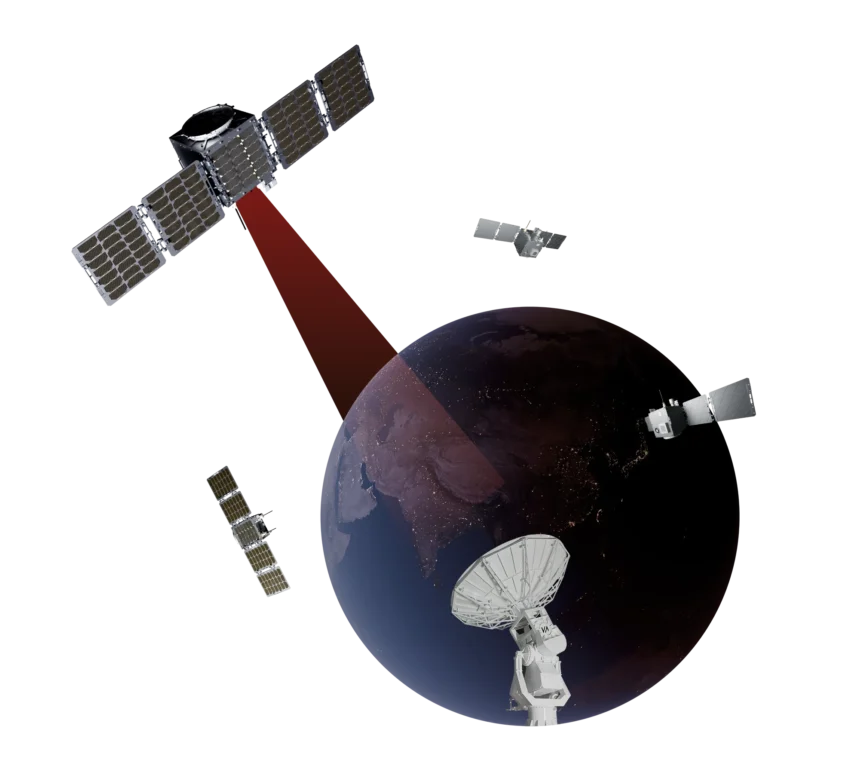 Official Dhruva Space visual showing satellites and a ground station orbiting Earth
