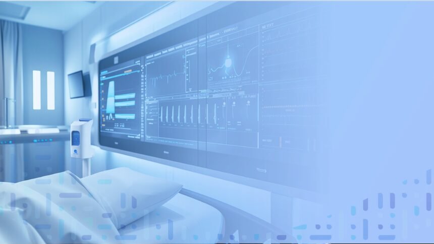 Hospital bed with Dozee contactless monitoring and live vitals dashboard