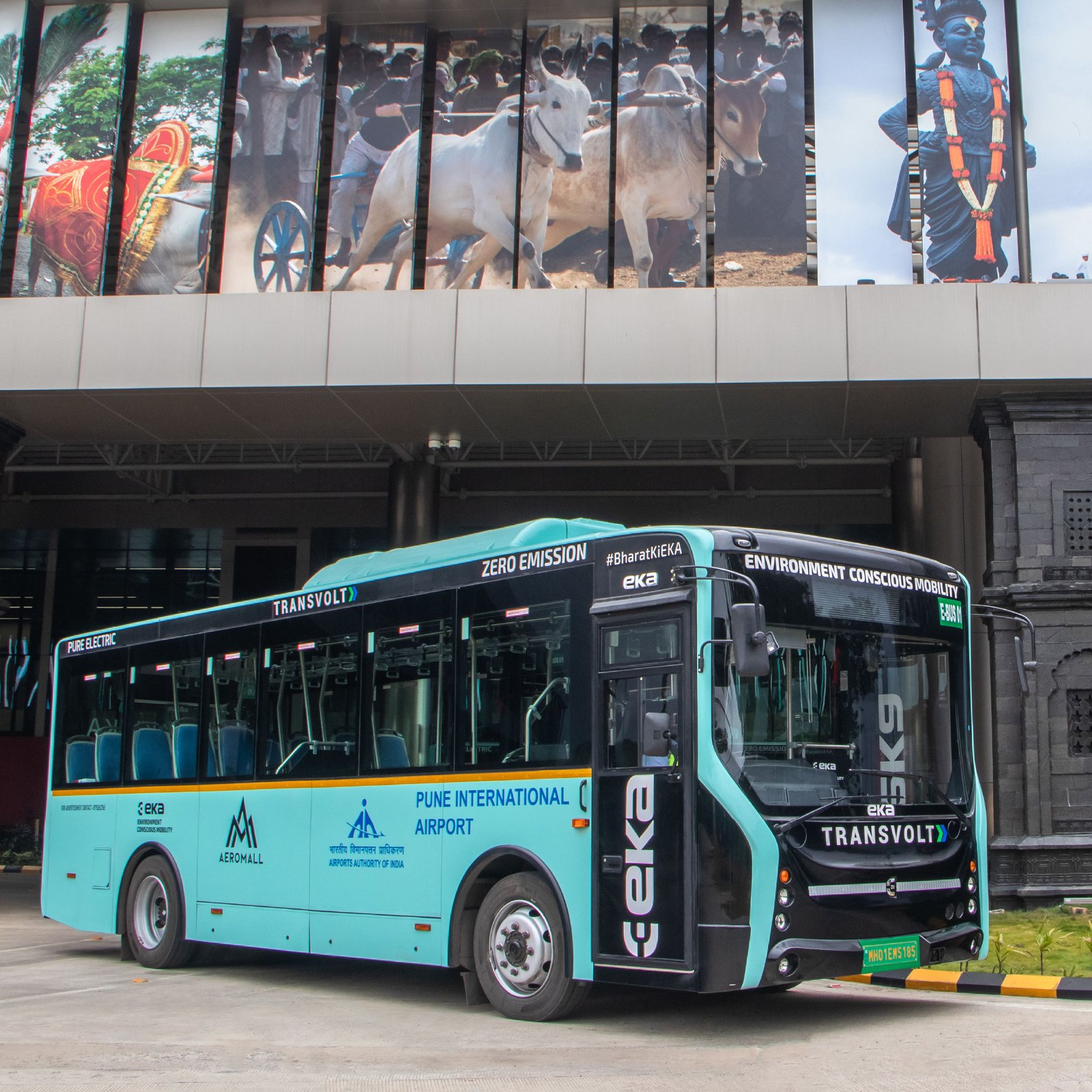 An EKA electric bus in service at Pune International Airport, from the company's official website