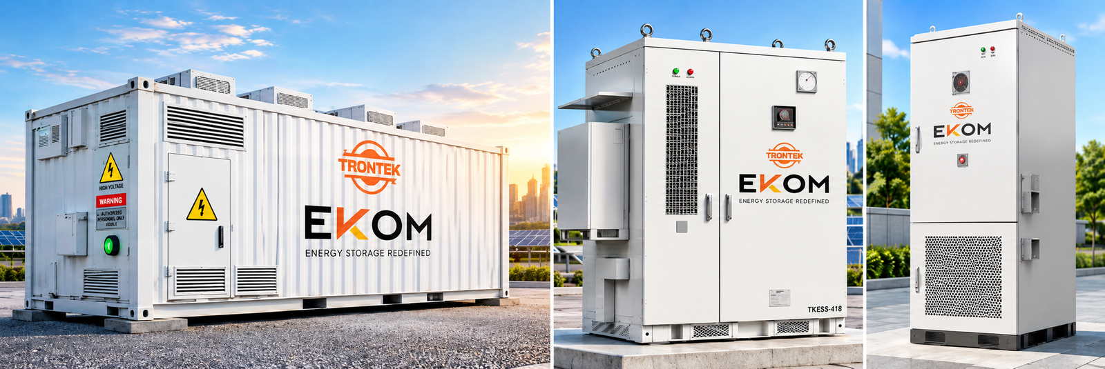 Trontek EKOM battery energy storage systems: the 5 MWh container unit alongside EKOM storage cubes