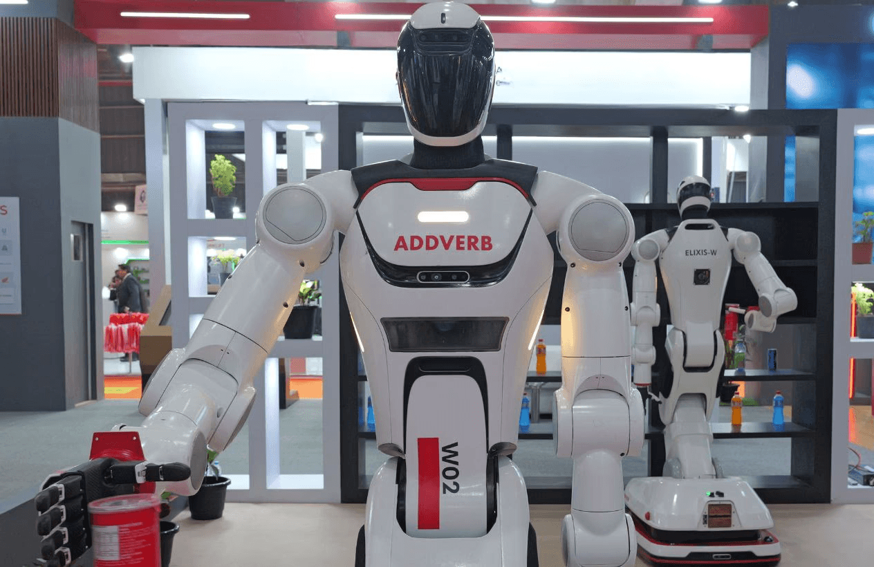 Addverb Elixis-W wheeled humanoid robot handling a product