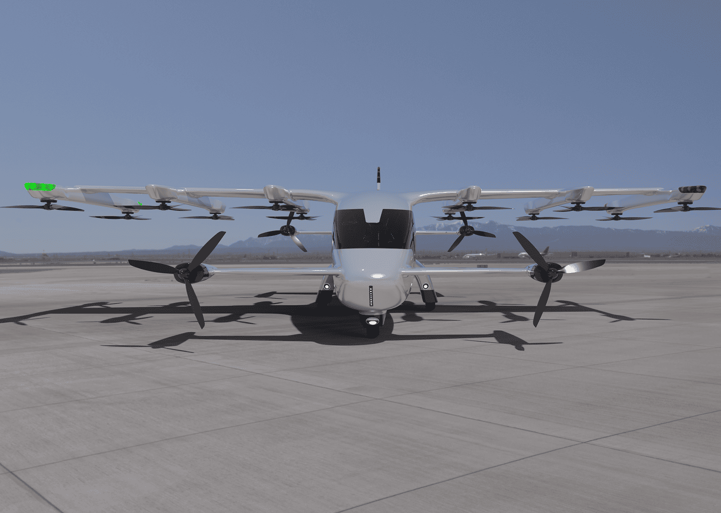 Vjaitra electric eVTOL aircraft front view on tarmac
