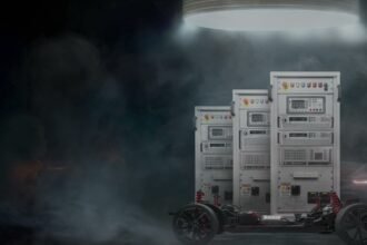Exeliq high-voltage battery-test cabinets beside an electric-vehicle chassis