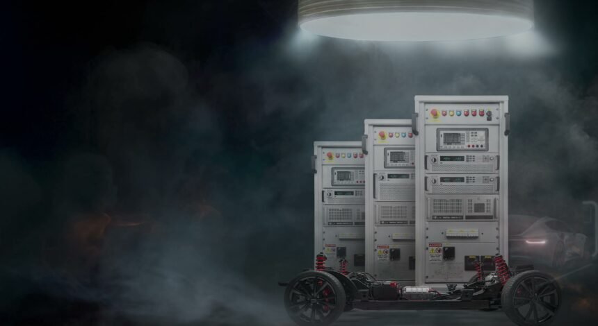 Exeliq high-voltage battery-test cabinets beside an electric-vehicle chassis