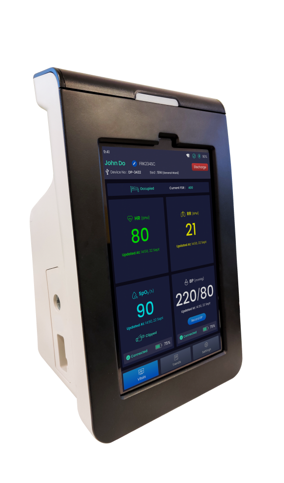 Dozee bedside display showing live patient vitals