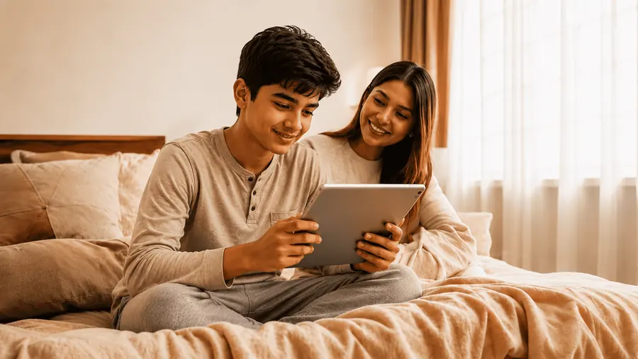 JADHU home practice session with parent and child using a tablet