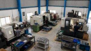 CNC machines and finished parts on a machining shop floor in Frigate's partner network