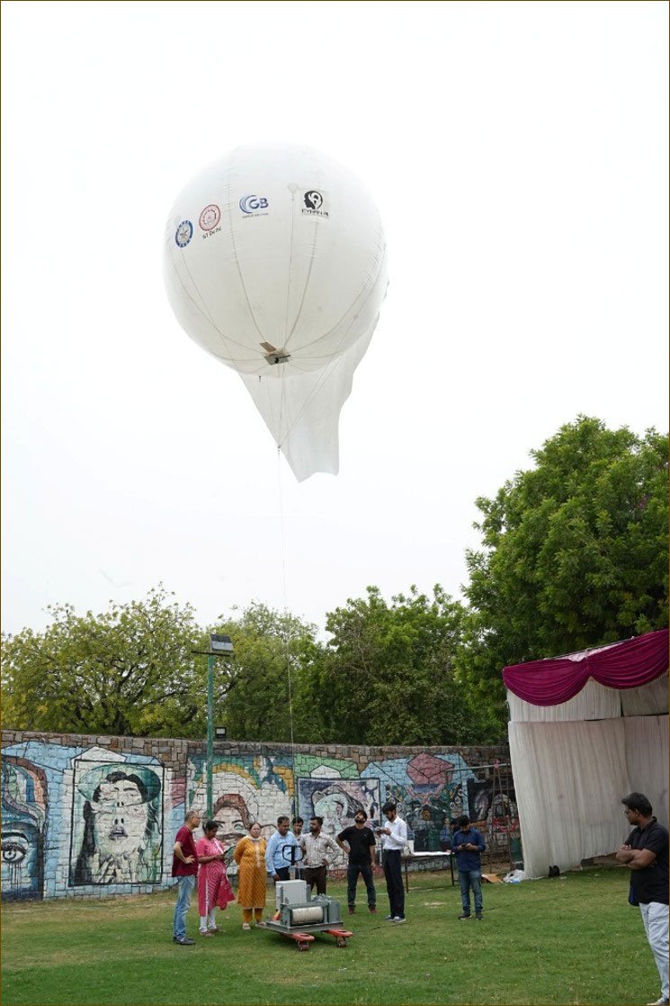 The GB Texcoat tactical aerostat aloft on its tether at IIT Delhi