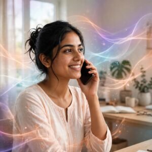 A phone call, heard in every language at once — an AI-generated scene in Gnani AI's colours.