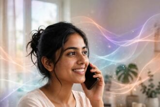 A phone call, heard in every language at once — an AI-generated scene in Gnani AI's colours.