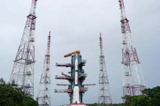GSLV-F18 rocket on the Second Launch Pad at Satish Dhawan Space Centre, Sriharikota, ahead of the NVS-03 launch
