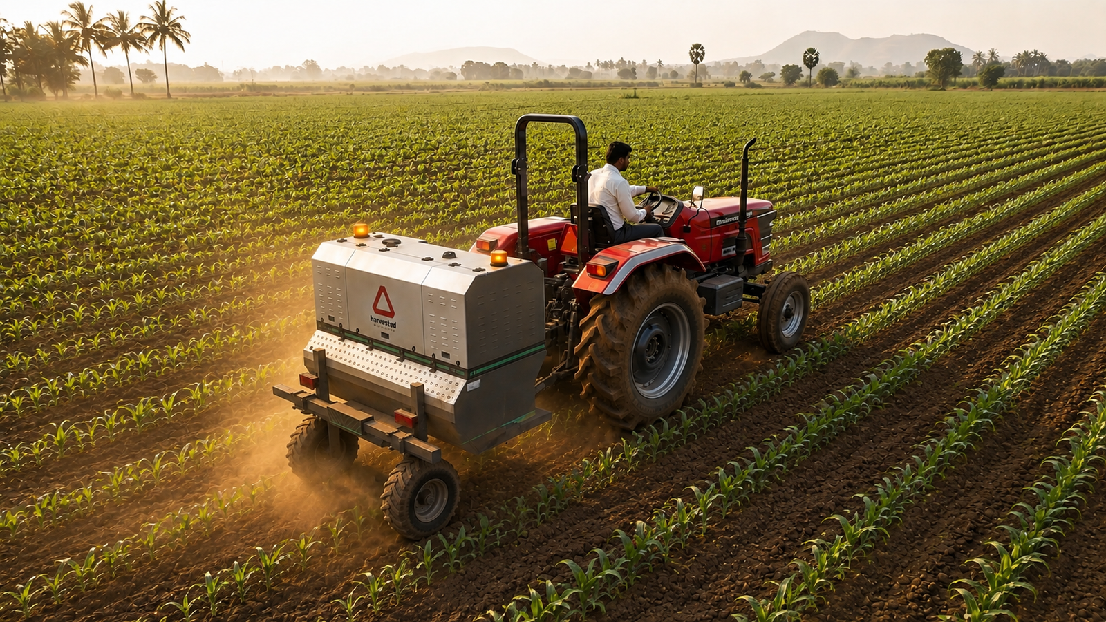 RAKSHAK working through crop rows, burning weeds with lasers while sparing the crop